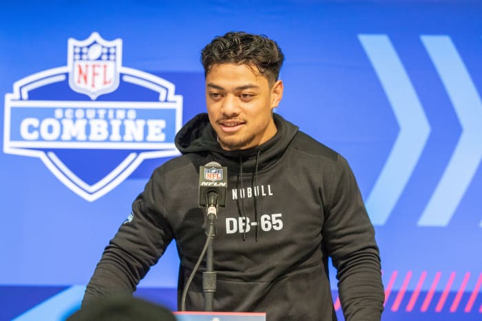 Feb 29, 2024; Indianapolis, IN, USA; Utah defensive back Sione Vaki (DB65) talks to the media during the 2024 NFL Combine at Lucas Oil Stadium. Mandatory Credit: Trevor Ruszkowski-USA TODAY Sports